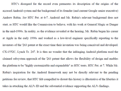 Part of the original document filed by Apple - Apple tells ITC that Andy Rubin took Android framework from them