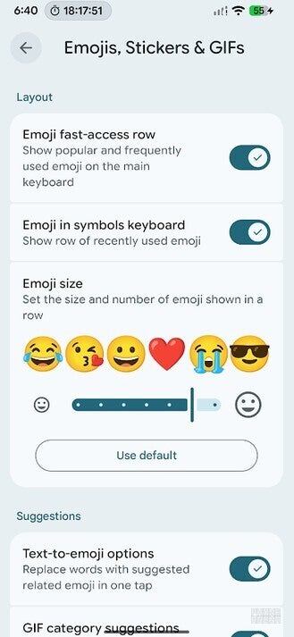 Screenshot shows new Gboard emoji size slider