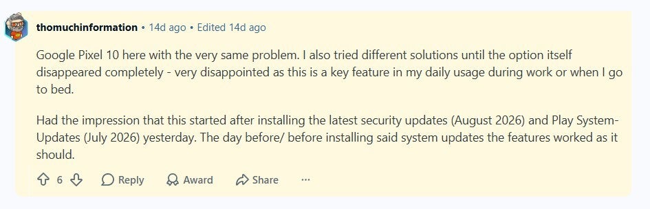 Reddit user comment about the Flip to Shhh option disappearing