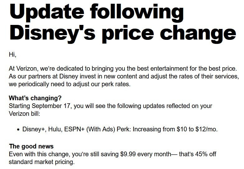 Verizon disseminates an email announcing higher Disney+ perk.