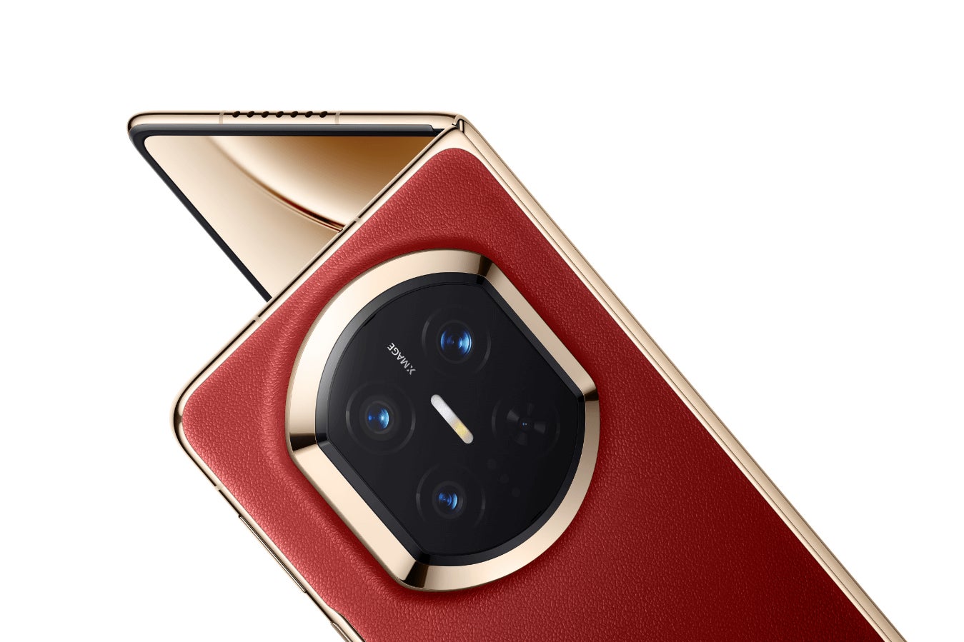 Huawei Mate X7 folded, showing its round rear camera module in red