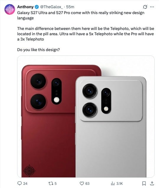X post with Galaxy S27 Ultra and S27 Pro renders.
