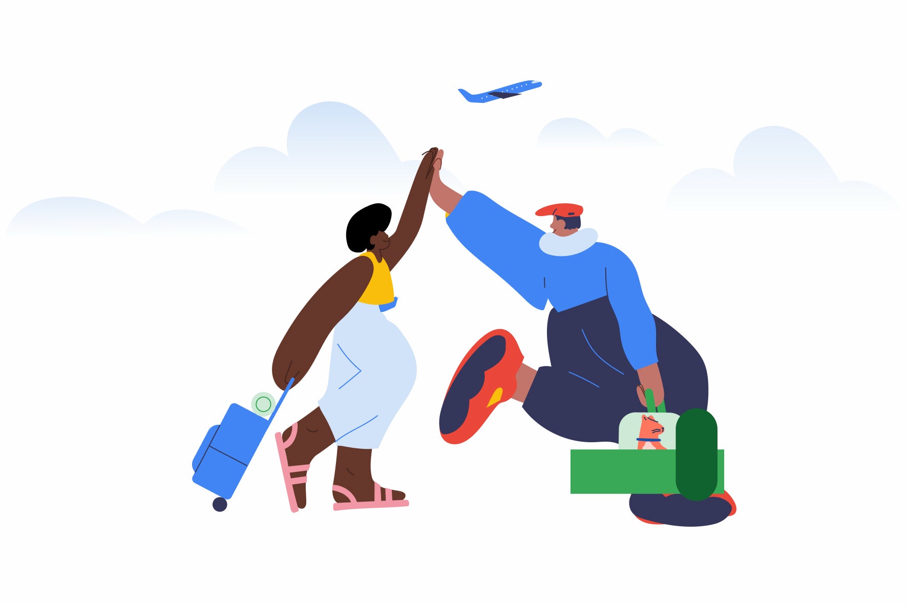 Illustration of two travelers high-fiving under a plane.