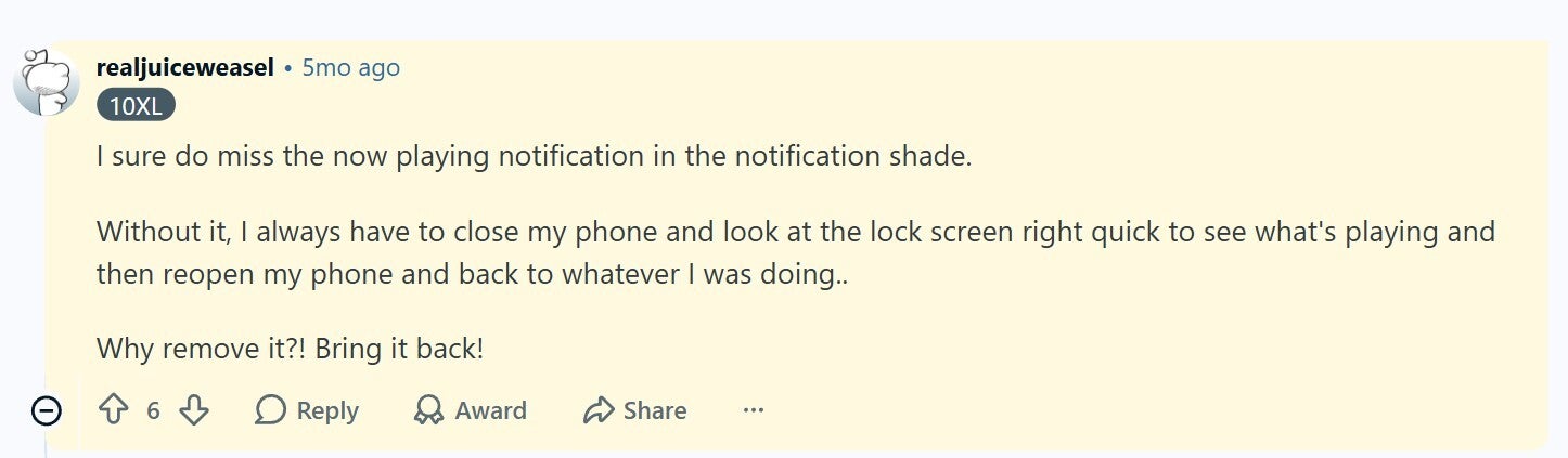 Reddit comment about Now Playing feature.