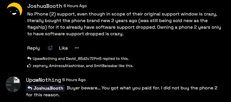 Nothing Community comment criticizing the dropped Phone (2) software support