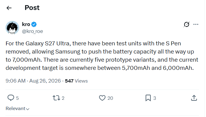 If this is true, we're getting a big battery boost next year. | Image by kro_roe - Galaxy S27 Ultra may come with a catch nobody saw coming