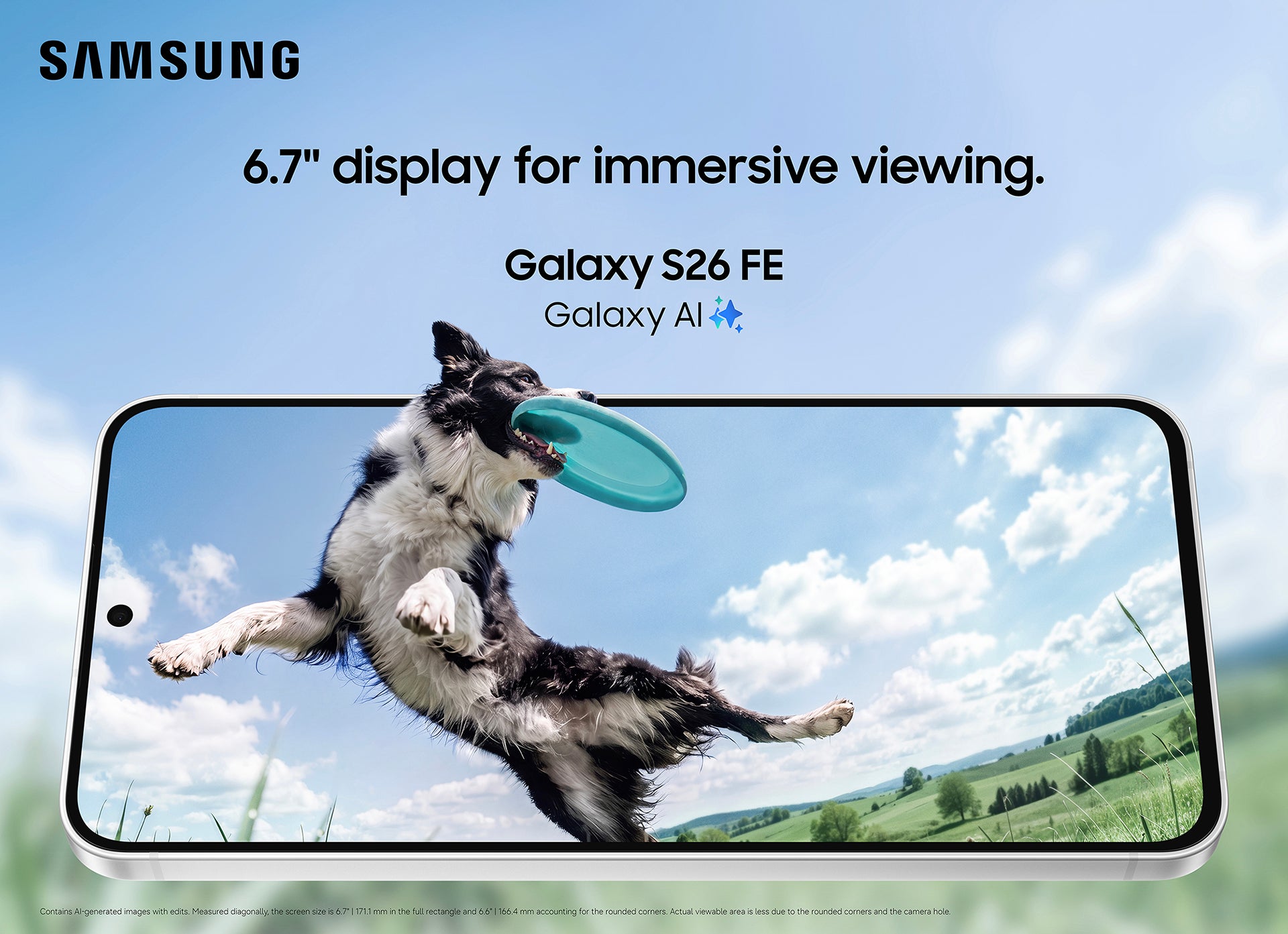 Galaxy S26 FE screen showing a dog catching a frisbee