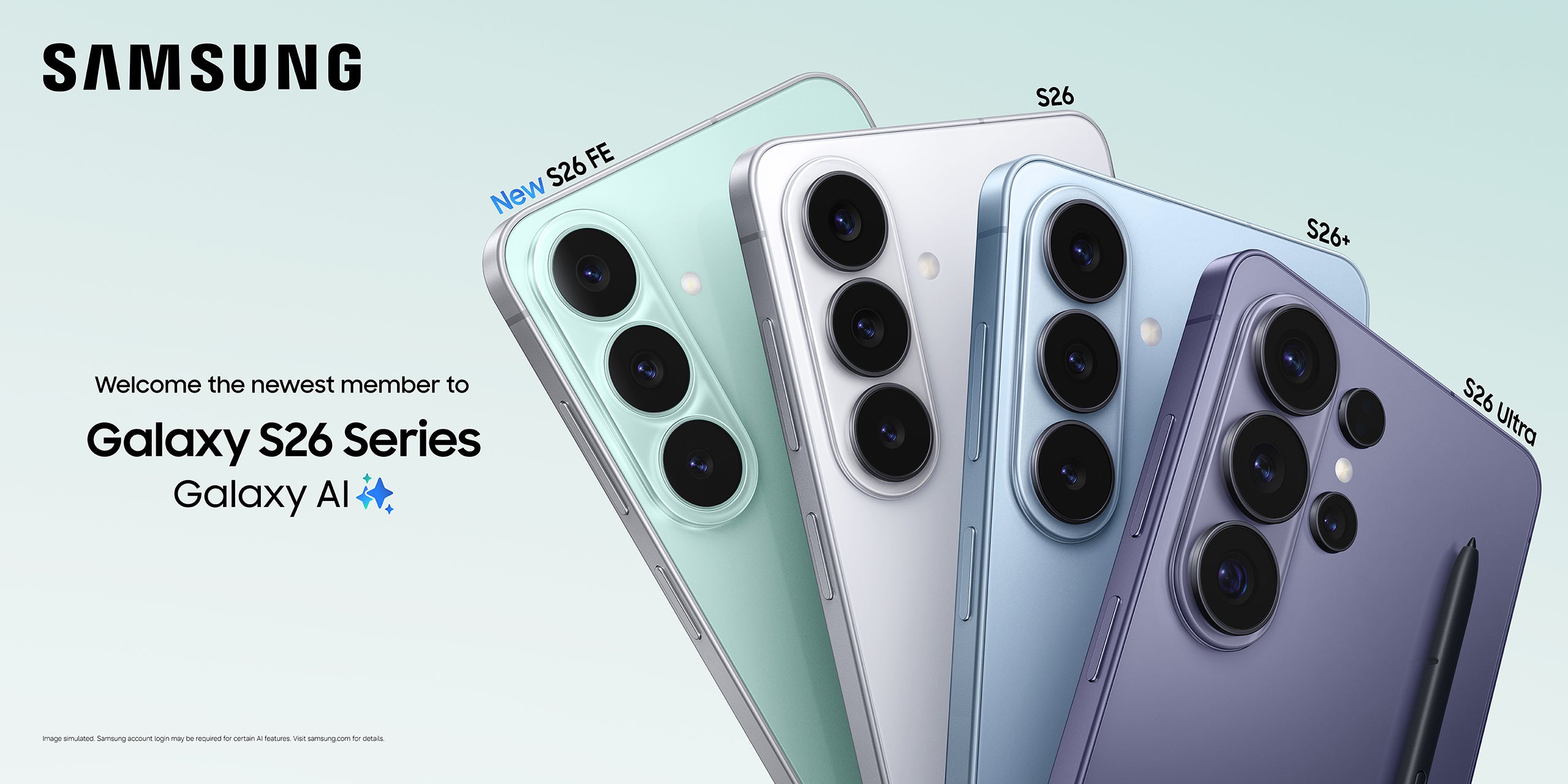 Galaxy S26 FE beside the S26, S26 Plus and S26 Ultra
