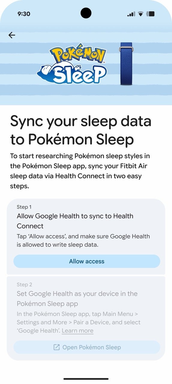 Pokemon Sleep onboarding screen for syncing Fitbit Air sleep data