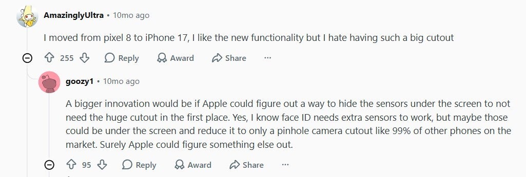 iPhone 17 user not liking the big cut out of Dynamic Island.