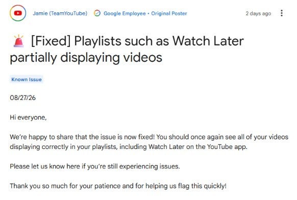 Google announces that it has fixed a major YouTube bug.