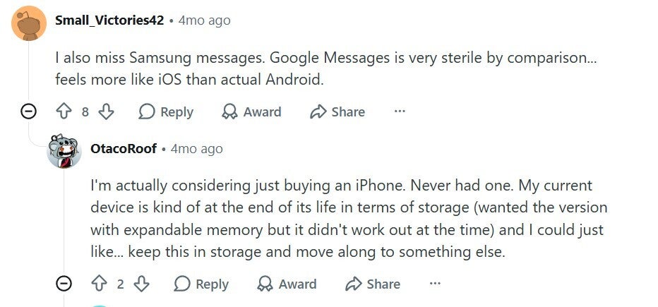 User comment about missing Samsung Messages. | Image by Reddit - Google Messages just got its best feature in years