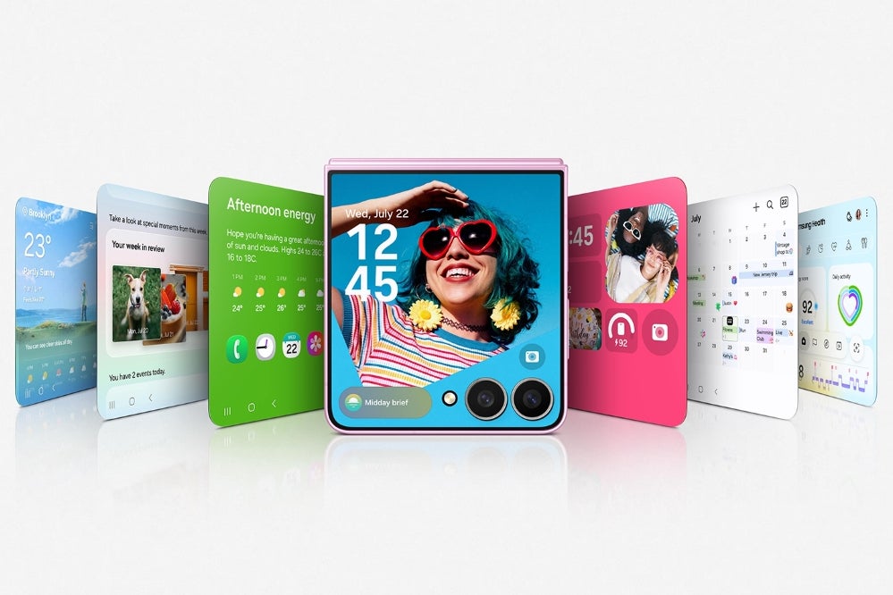 Galaxy Z Flip 8 cover screen showing Now Brief cards