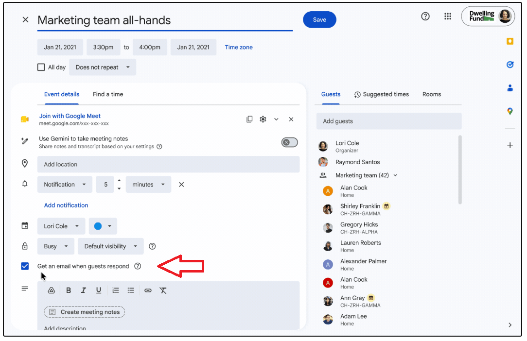 You can find the checkbox above the meeting description. | Image by Google - I can't believe it took this long for Google Calendar to fix its worst meeting feature