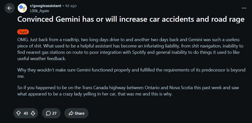 It's a rant post on Reddit, but almost everyone in the comments shares the same sentiment. | Image by Reddit - "There are times it certainly makes me angrier behind the wheel!" Drivers hate Android Auto's switch to Gemini