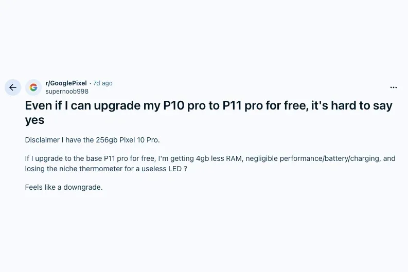 Reddit post from a Pixel 10 Pro owner questioning a free upgrade