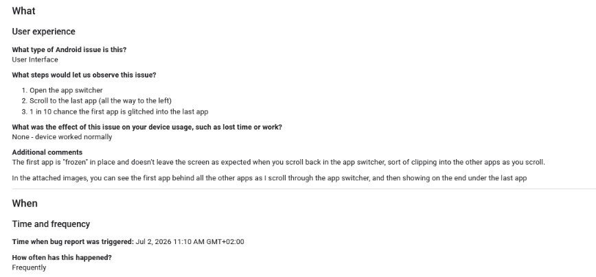 Google Issue Tracker submitted over UI glitch.