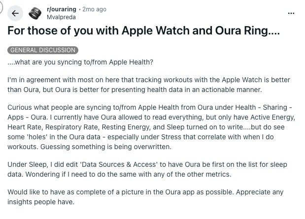 Reddit post asking Oura Ring owners what health data they sync to Apple Health