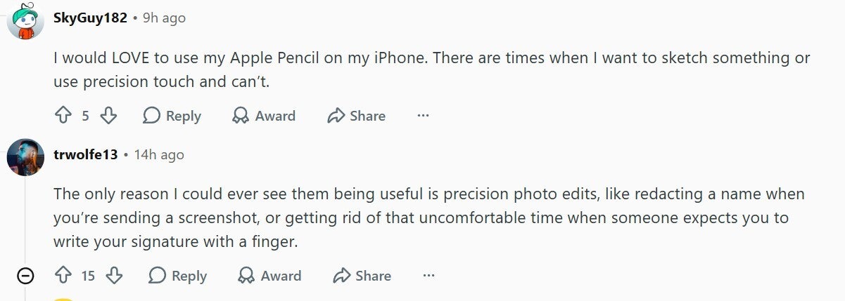 User commenting that they want Apple Pencil.