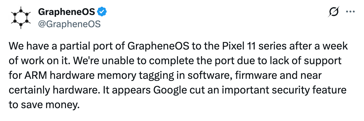 pixel 11 hardware memory tagging MTE GrapheneOS