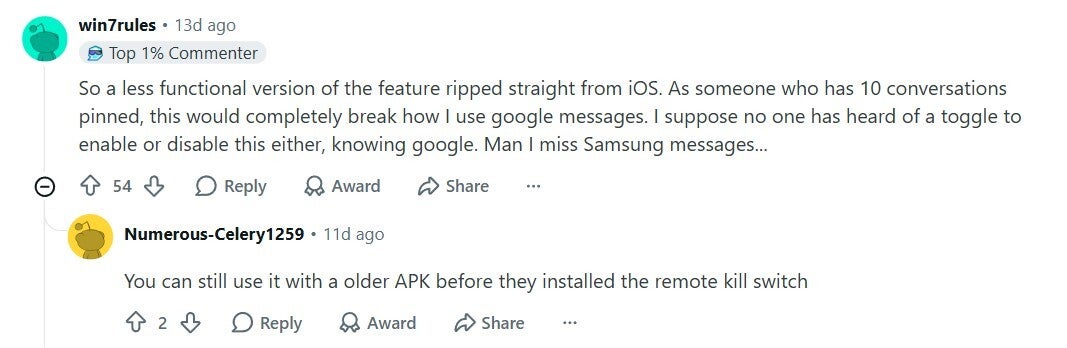 User not liking the new Google Messages change.