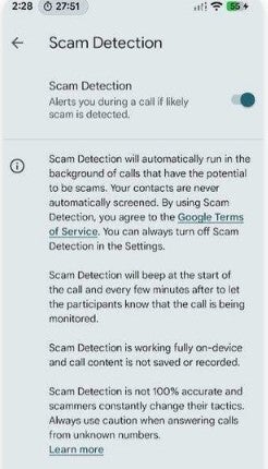 Pixel screenshot explains Scam Detection.