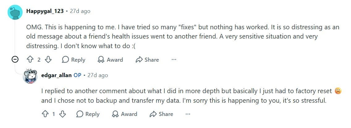 User comment about facing issue in Google Messages.