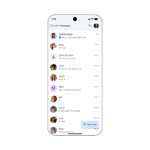 Google Messages chat with custom photo background and matching bubble colors
