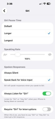 Screenshot of Siri settings used to prevent Siri AI from cutting you off before you&amp;#039;ve finished your verbal prompt.