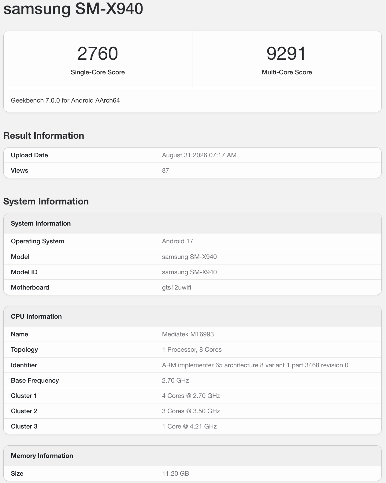 Galaxy Tab S12 Ultra's performance. | Image by Geekbench (screenshot - Leaked Galaxy Tab S12 Ultra benchmark reveals a surprising performance upgrade