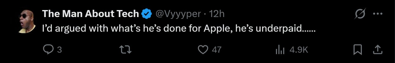 Honestly, I don't think Tim Cook is hurting for money. | Image by X - Tim Cook might continue to do more at Apple than I expected