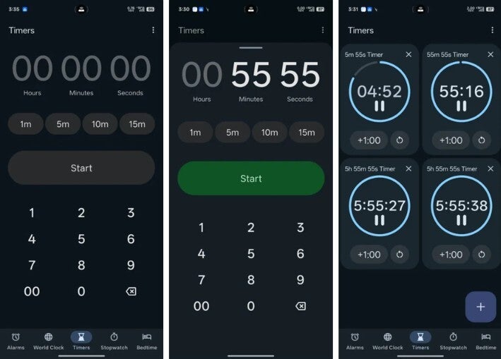 The updated version of the timer UI for the Google Clock app.