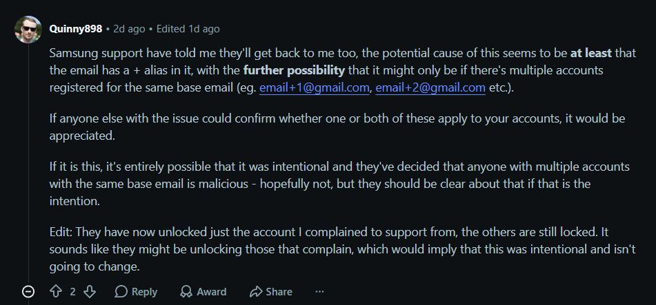 Gmail aliases could be causing the issue. | Image by Reddit - Locked out of your Galaxy phone? Support has zero answers right now
