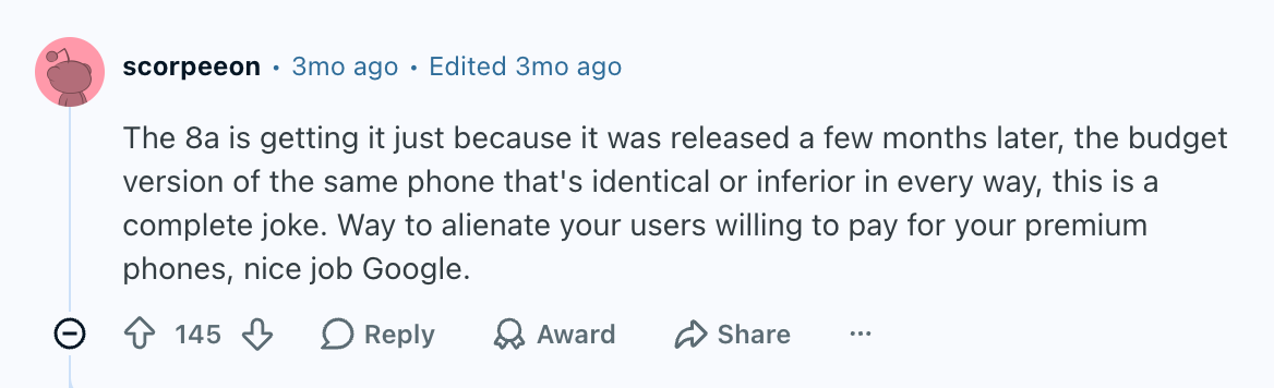Pixel 8 owners were unhappy with Google. | Image by Reddit (screenshot - Pixel 7 and Pixel 8 owners are reporting a surprising new feature