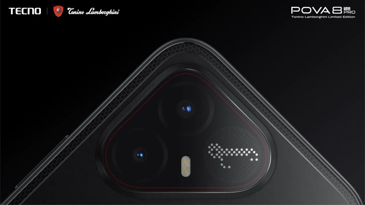 Nice accents around the camera and a Nothing-style matrix display with a custom Lamborghini graphics. | Image by Tecno - The cheapest way to own a Lamborghini isn't a car