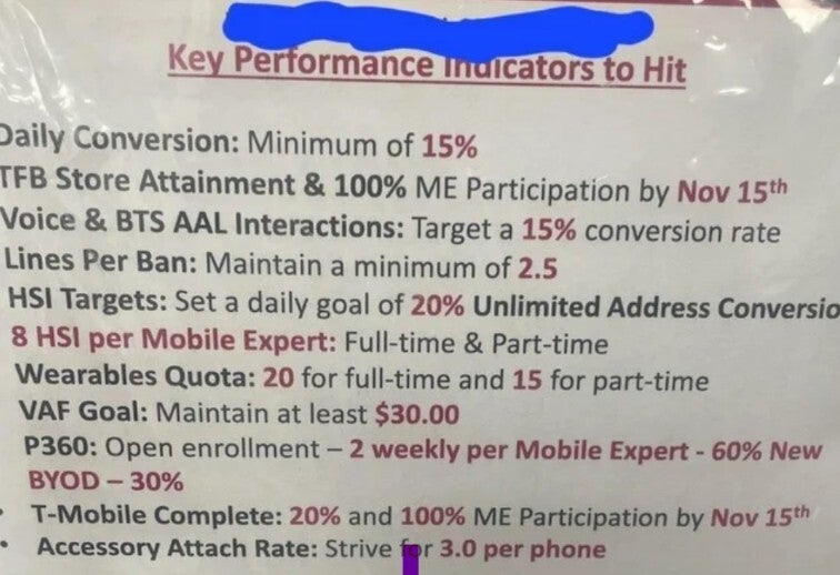 Leaked image of monthly performance goals for T-Mobile reps.