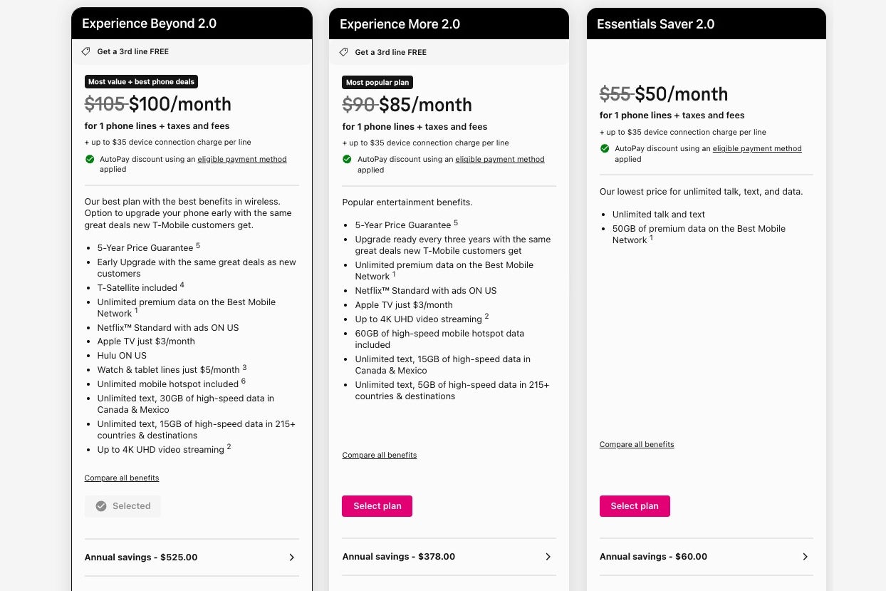 T-Mobile plan comparison showing Experience and Essentials Saver pricing