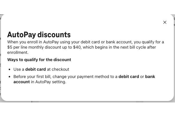 T-Mobile AutoPay discount terms requiring a debit card or bank account