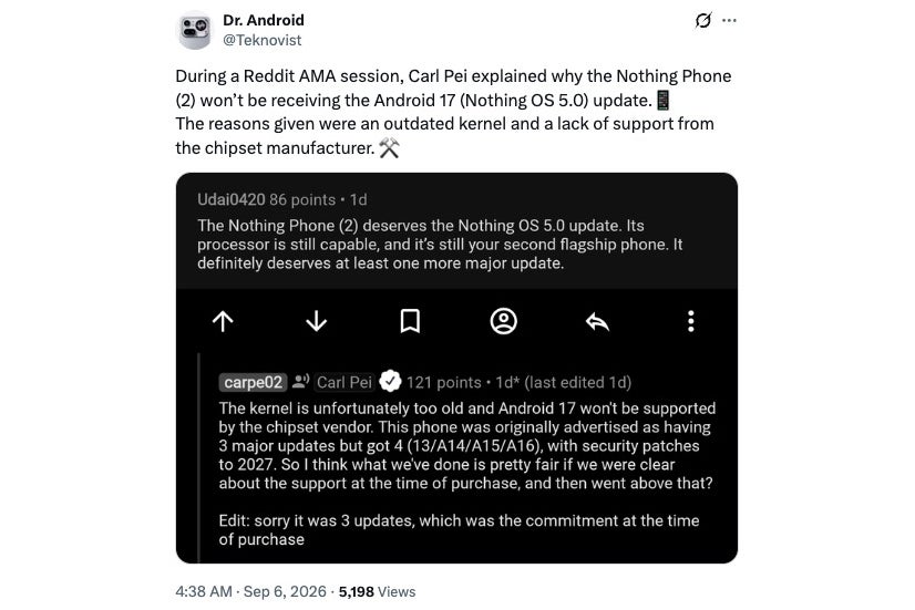 X post about the Nothing Phone (2) missing Nothing OS 5.0
