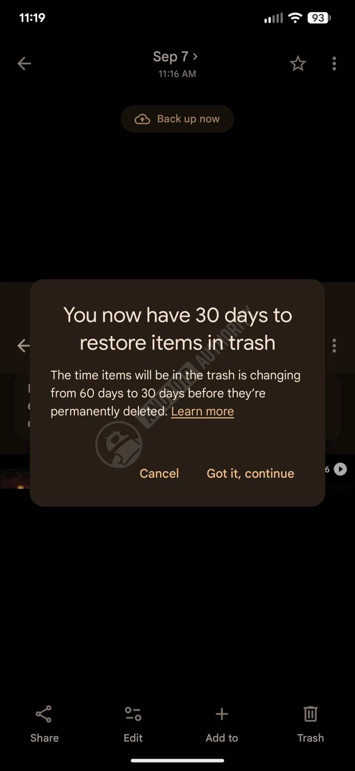 Users are getting in-app notifications about the change. | Image by Android Authority - Google Photos update will make your pictures disappear twice as fast