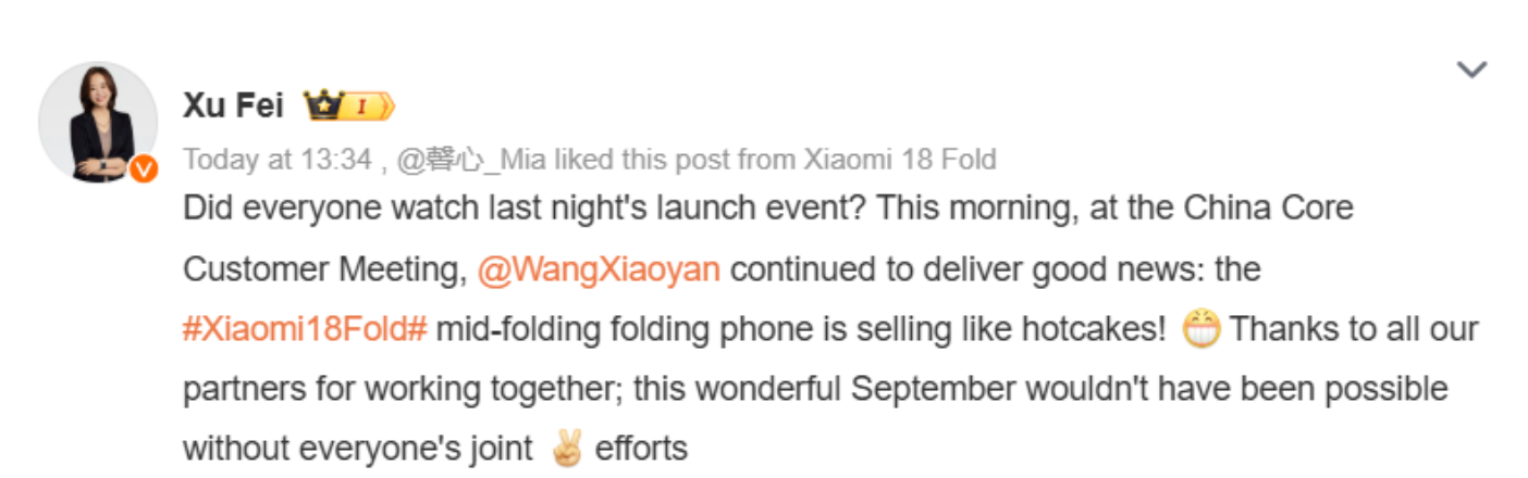 Vice President of Xiaomi Group Xu Fei says the Xiaomi 18 Fold is selling like hot cakes. | Image by Gizmochina - iPhone Ultra is Tim Cook's parting gift to Apple