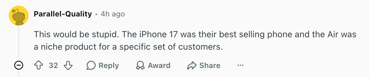Redditors don't think Apple will pull this move right now. | Image by Reddit (screenshot - iPhone 18 rumored to get a radically different design