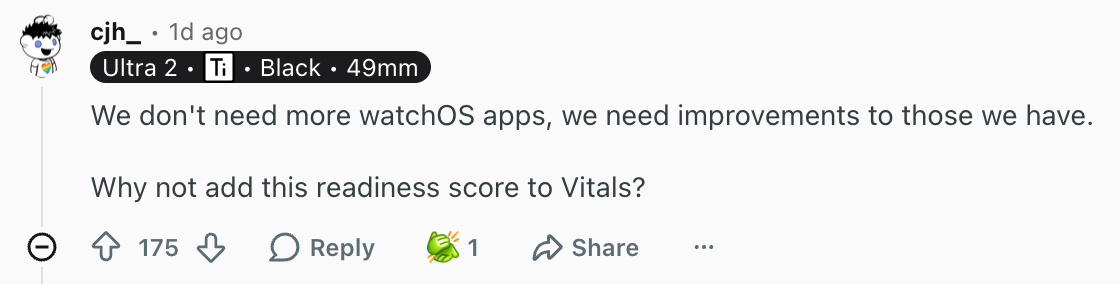 Apple Watch users aren't excited about the new metric. | Image by Reddit (screenshot - Apple Watch Series 12 reported to copy a beloved Oura and Whoop feature