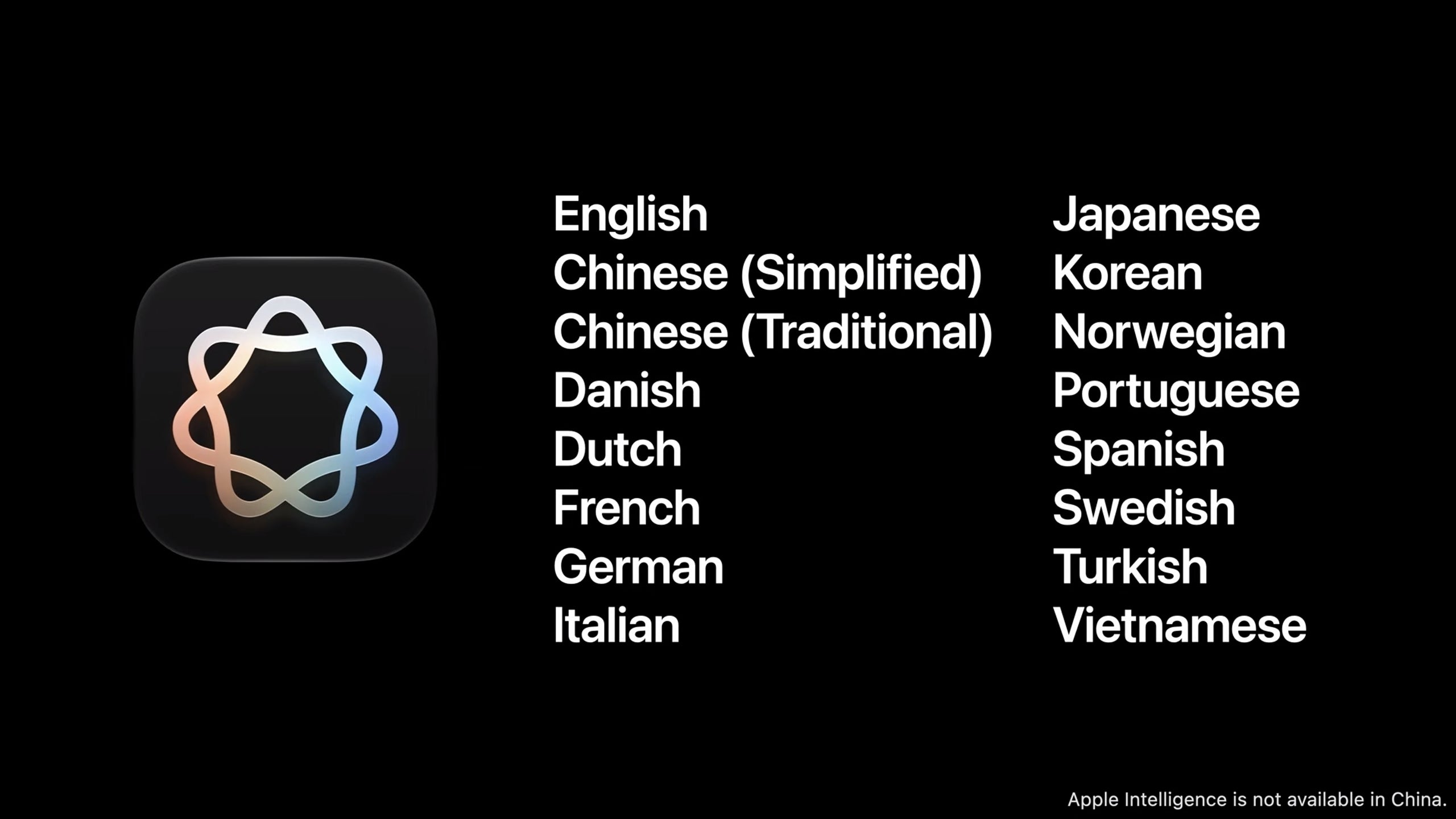 Apple Intelligence language list with a note that China is excluded