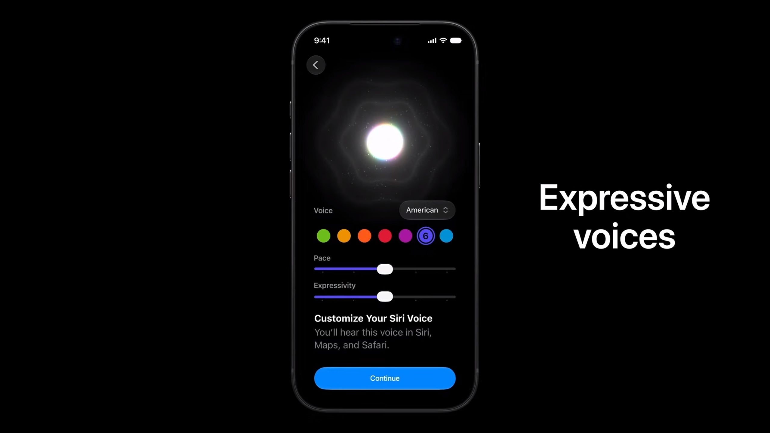 Siri voice settings screen showing seven color options and two sliders