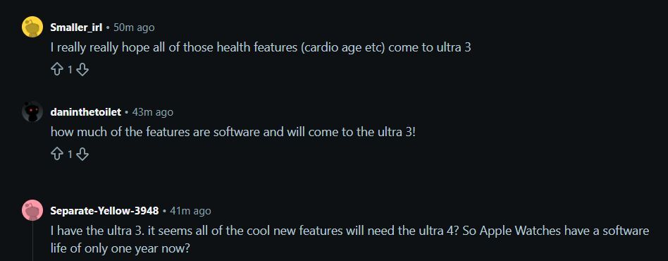 Watch Ultra 3 owners are wondering whether the new updates will trickle down to their model. | Image by Reddit - Apple Watch Ultra 4 brings Siri AI in a rugged armor