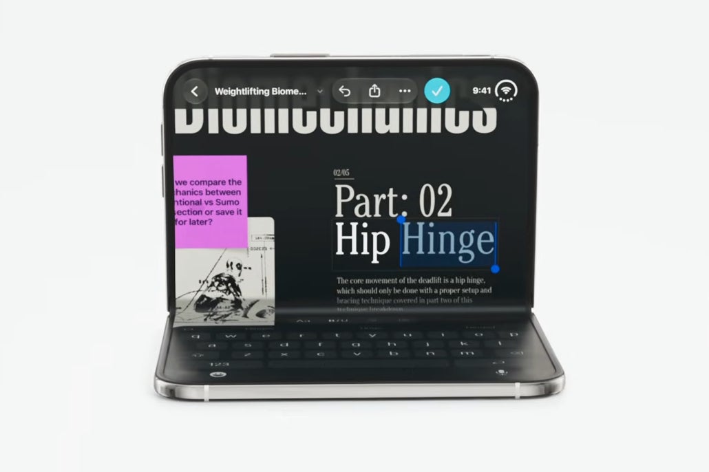 iPhone Duo half folded in laptop mode with an on-screen keyboard