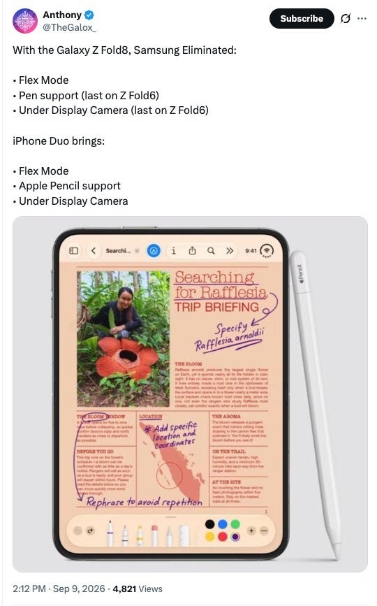 X post comparing Galaxy Z Fold 8 removals with iPhone Duo features