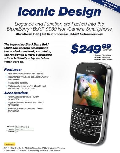 Cameraless version of the Sprint BlackBerry Bold 9930 is coming September 9th