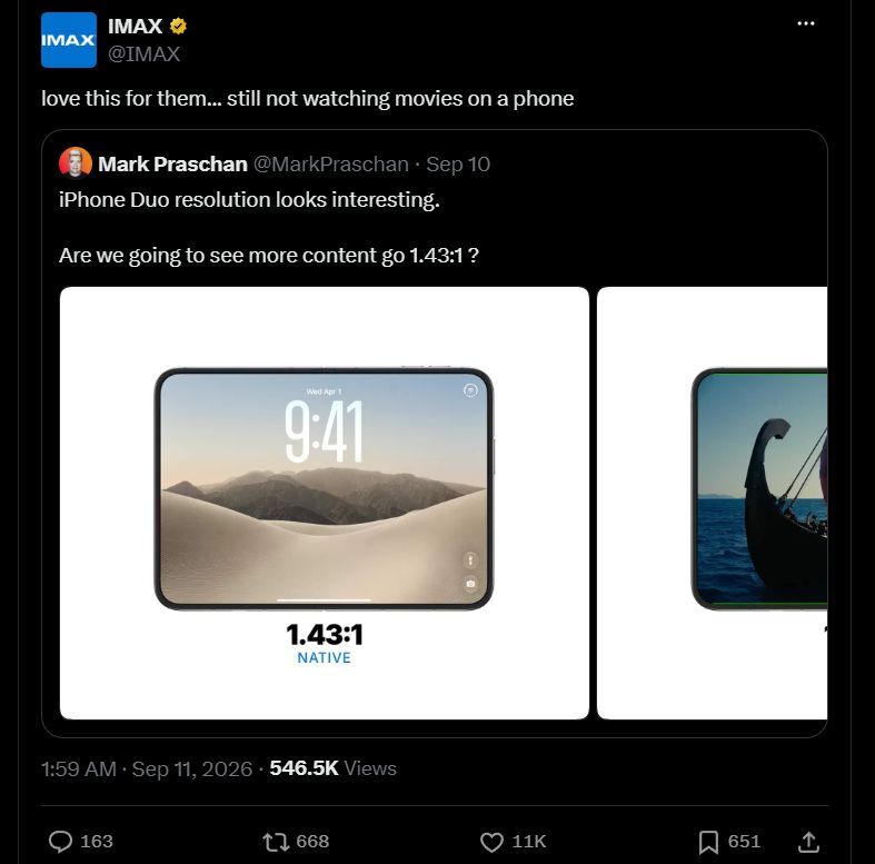 IMAX not watching a movie on a phone. Fair. | Image by X - IMAX reacts to the iPhone Duo with a savage comment
